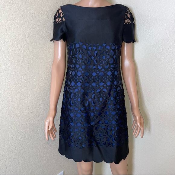Muse Black Blue Laser Cut Eyelet Dress Size 6 black and navy blue sheath dress - Picture 16 of 16